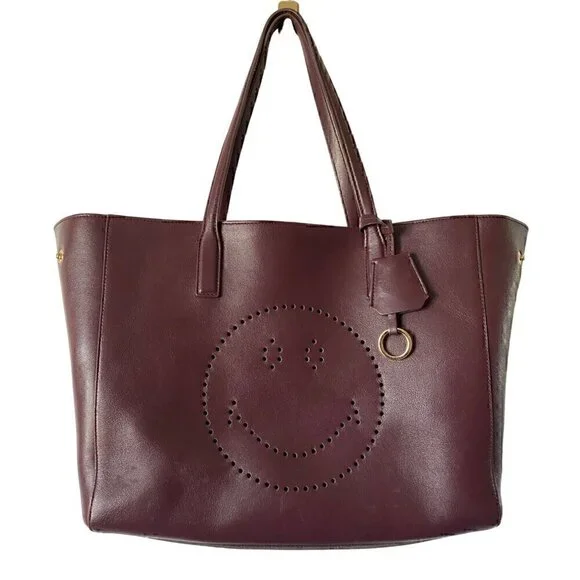 Anya Hindmarch Ebury Smiley Shopper Tote Small Leather Burgundy Perforated $1295